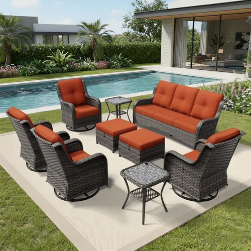 Image of Joyside 9 Piece Wicker Patio Furniture Set, Outdoor Swivel Rocker Patio Chairs with High Back, Deep Seating, Wide Armrest, Thickened Cushions, Outdoor Furniture for Deck, Porch Use