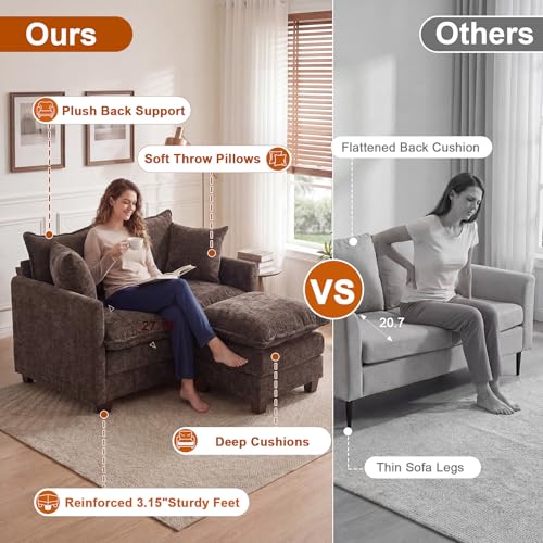 Image of 50'' L-Shape Loveseat Sofa with 22 inch Ottoman, 2 Seat Modern Cloud Couch with 2 Washable Pillows for Small Space Apartment Office Living Room Bedroom, Brown