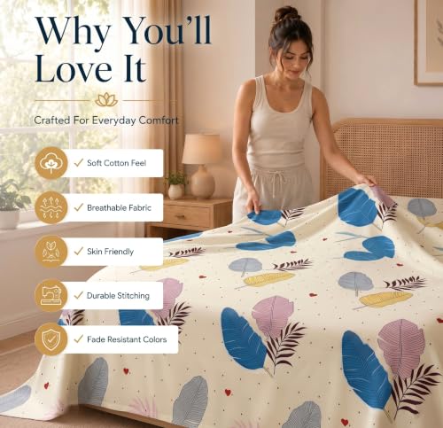 Image of HOMEKART Glace Cotton 160 TC Leaf Printed Double Bedsheet with 2 King Size Pillow Covers | Soft & Durable | 86 x 88Inches (White & Blue)