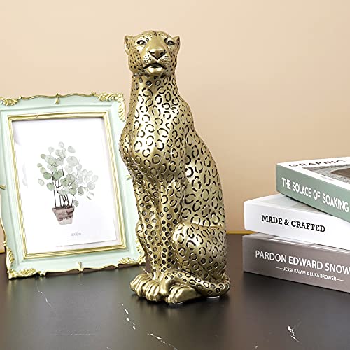 Cheetah Statue Home Decor Leopard Sculpture Resin Sitting Cheetah Figurine Desktop Table Top Ornament Decoration For Home Office Champagne Gold #TOP2