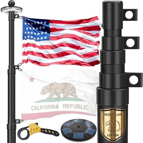 11 Gauge Telescoping Flag Pole for Outside House with Solar Light, 25 FT Heavy Duty 45K PSI & 95 HBW Hard Aerospace Aluminum Flagpole Kit, 120MPH Wind Unbending Telescopic Outdoor In-Ground Flag Poles