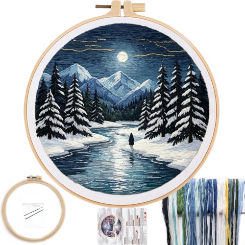 Image of FONNUY Embroidery Kit for Beginners, Boho Nature Landscape Pre-Stamped Pattern Kits for Adults with Hoop, Easy to Follow Color Thread Needlework, 8'' Hoop (Winter Night)
