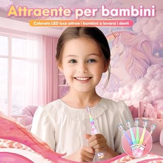 Spazzolino Elettrico Bambini 3-6-12 Anni Spazzolino Elettrico Bambina Bambino Con Timer Luci LED Arcobaleno E 4 Testine Morbide (Unicorno Rosa)