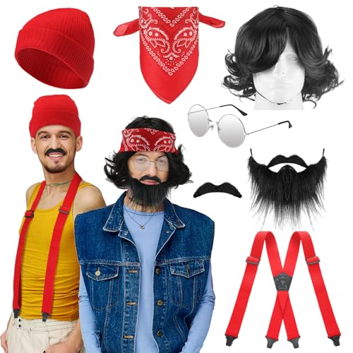 Maiteenly 7 Pcs Halloween Men Comedy Costume Set Include Curly Black Wig Beard Red Beanie Mustache Red Bandana Glasses Suspenders the Stoner Comedy Duo Costume for Adult Halloween Party Cosplay