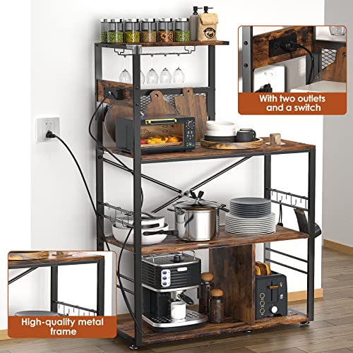Labonida Bakers Rack With Power Outlet, Microwave Stand Coffee Bar With Wine Glass Holder, Kitchen Storage Rack With 6 S-Hooks For Spices, Pots And Pans, Rustic Brown And Black #TOP5