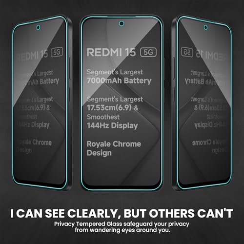 Image of FIRST MART Privacy Tempered Glass for Redmi 15 & Poco M7 Plus, 2 Pack | Anti-Spy 9H Screen Protector, Edge-to-Edge, Case-Friendly, Scratch Resistant, Bubble-Free