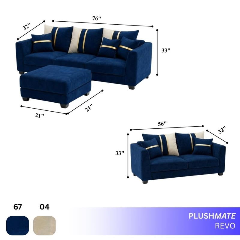Image of Vero Plush Comfort Sofa Set | 3 Seater + 2 Seater with Ottoman | Luxury Velvet Suede Fabric | Modern Living Room Sofa | Dark Blue