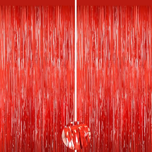 Image of Red Tinsel Backdrop, 2Pack Fringe Curtains, Red Foil Tinsel Party Streamer Backdrop Curtains, Engagement Wedding Photo Backdrop Party Decorations for Wedding Anniversaries Christmas Baby Shower Decors