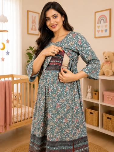 Image of RITIJYA Zipless Feeding Kurta Dress for Women | Maternity Nursing Kurti, No-Zip Easy Access | Extra Pleats Pre to Post Pregnancy | Quick-Dry Fabric | S-4XL