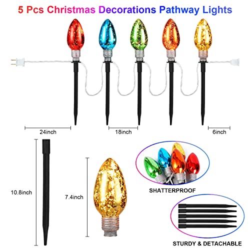 Pathway Lights for Outdoo,C9 Christmas Multicolor Pathway Lights, 8.5Ft Outdoor Christmas Pathway Markers Stakes Lights with 5 Jumbo C9 Multicolor LED Bulbs