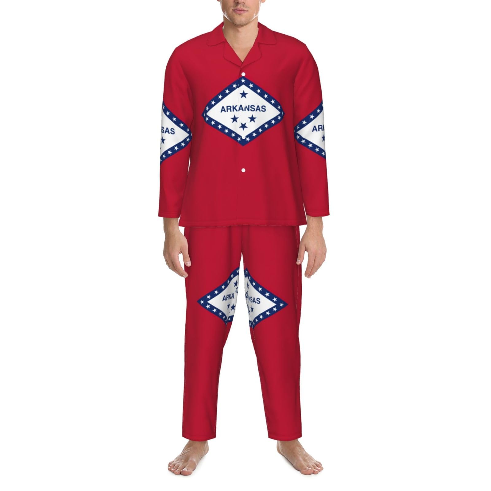 Arkansas State Flag Print Męska piżama z długim rękawem zestaw dwuczęściowy odzież domowa wygodna bielizna nocna bielizna nocna