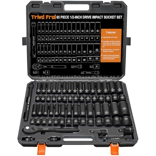 Image of Impact Socket Set 1 /2 inch Drive - Trivd Frol 65pcs Impact Socket Set Metric and Standard Full, Metric Socket Set 8-24mm & SAE Socket Set 3 /8 inch-1-1 /4 inch, Shallow & Deep Socket Set, Extensions, Adapter