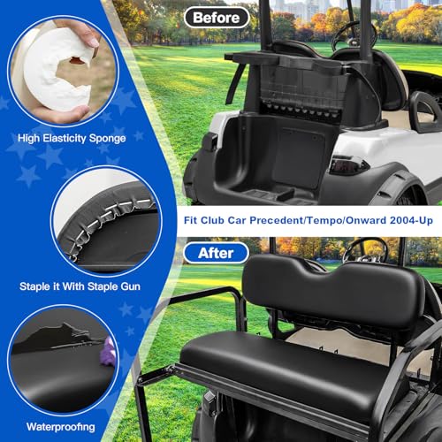 NOKINS Golf Cart Rear Seat Kit, Back Flip Seat for Club Car Precedent/Tempo/Onward 2004-Up, 1.25-Inch Square Steel Frame, Integrated Seat Belt Mounts, UV-Resistant, High-Density Foam Padding(Black)
