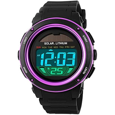 Digital Led Back Light Solar Powered Sporty Watches Week Alarm Chronograph Wrist Watch Women (Purple) Cover