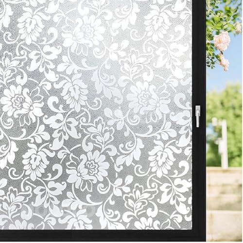 Image of MOCOCO Premium Vinyl Privacy Stained Frosted Window Glass Film (16x84 Inch) - Self-Adhesive Tint Wallpaper Sticker Opaque Sheet for Glass Cover Window, Door, Office, Home.| Anti-UV. White Flowers