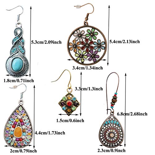 5 Pairs National Style Bohemian Vintage Dangle Earrings Ethnic Petal Beaded Statement Hollow Water Drop Shaped Alloy Long Boho Retro Rhinestone Earring For Women Girls #TOP1