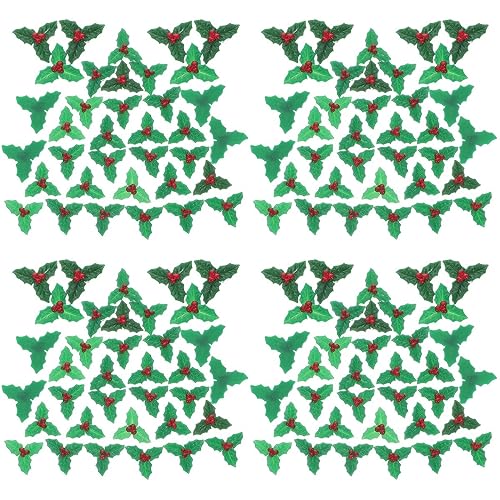 Abaodam 120PCS Christmas Holly Berries with Green Leaves Christmas Patches Christmas Artificial Holly Berries Christmas Micro Landscape Leaves Decor for Christmas Wreath Garland