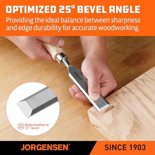 Image of Jorgensen 6-Piece Wood Chisel Set, Chromium Alloy Steel Beveled Edge Wood Chisels, Wood Chisels for Woodworking, Ergonomic Hardwood Handle with Metal Ferrule, 1 /4 inch, 3 /8 inch, 1 /2 inch, 5 /8 inch, 3 /4 inch, 1 inch