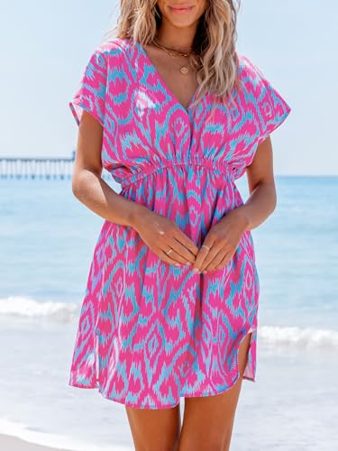 Image of CUPSHE Women's Swimsuit Coverup Casual V Neck Beach Dress Short Sleeve Elastic Waist Swimwear Cover Ups 2026 Beachwear