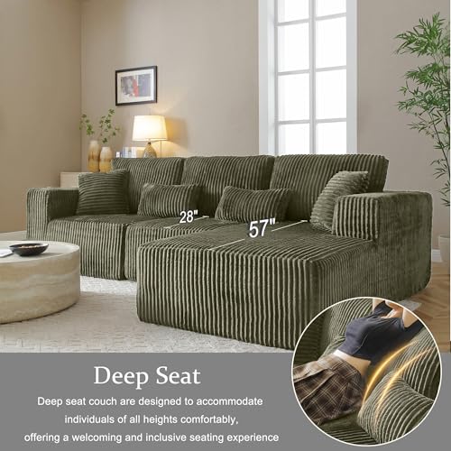 Image of 108 inch Boneless Cloud Sectional Couches for Living Room, Comfy Fluffy L Shaped Memory Foam Deep Seat Boneless Couch, Modular Sectional Sofa with Right Facing Chaise, Olive Green