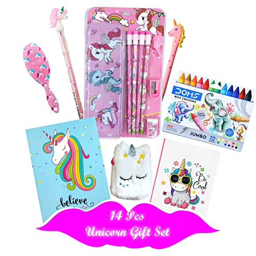INDIKONBUNICORN 14 Pc GIFT Set || Unicorn Theme Birthday gift for kids Age 6-8 years , 10-12 year old || Unicorn Stationery Set (Pencil Box, Scale, Pencil, Eraser, Sharpner, Sketch Copy) , Unicorn Diary, Unicorn Small Diary, Pen, Pencil, Colors, Unicorn Hair Comb, Unicorn Feather Sling Bag for Girls and Kids
