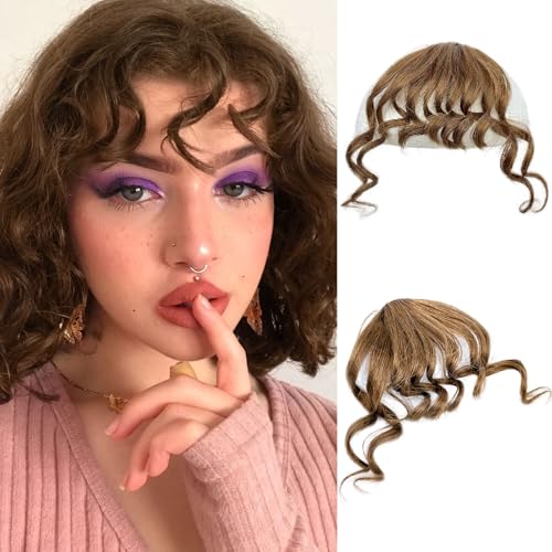 Curly Bangs Human Hair, Long French Bangs Clip on Human Hair Clip Ins air Bangs Extension, Light Brown Natural Wavy Fake Fringe Wispy Bang with Temples Hairpiece for Women