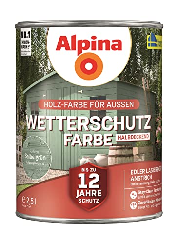 Alpina Holz-Wetterschutz-Farben – Salbeigrün, halbdeckend – bis zu 12 Jahre Schutz vor Witterung und Nässe – schmutzabweisend, halbdeckend & ergiebig – 2,5 L