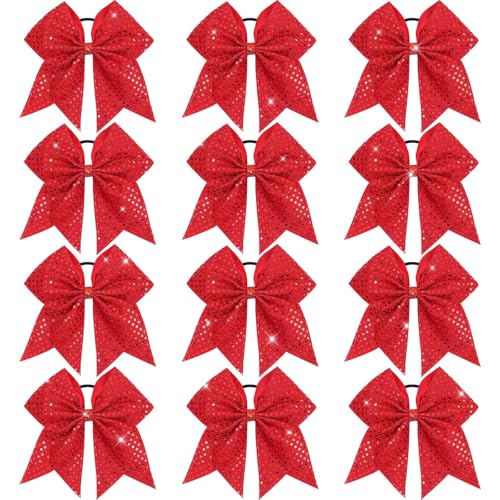 Oaoleer 12pcs Glitter Cheer Bows for Cheerleading 7 Large Shiny Cheer Hair Bows Ponytail Holder for Cheerleader Girls Softball Sports (Red)