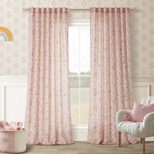 Image of Pink Floral Linen Semi Sheer Curtains 90 Inches Long 2 Panels Set Back Tab | Flower Printed Drapes, Girls Bedroom, Back Tab, Semi Sheer, Window Curtains, Living Room, Nursery, Dining Room, Aesthetic