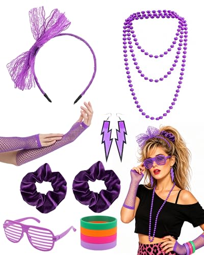 ETOFETE 80er Jahre Outfit Accessoires für Damen 8 Stück Set mit Haarreif Fischernetz-Handschuhe Armbänder Brille Ohrringe Halskette und Stirnband 80er 90er Neon Fasching Party Kostüm Zubehör