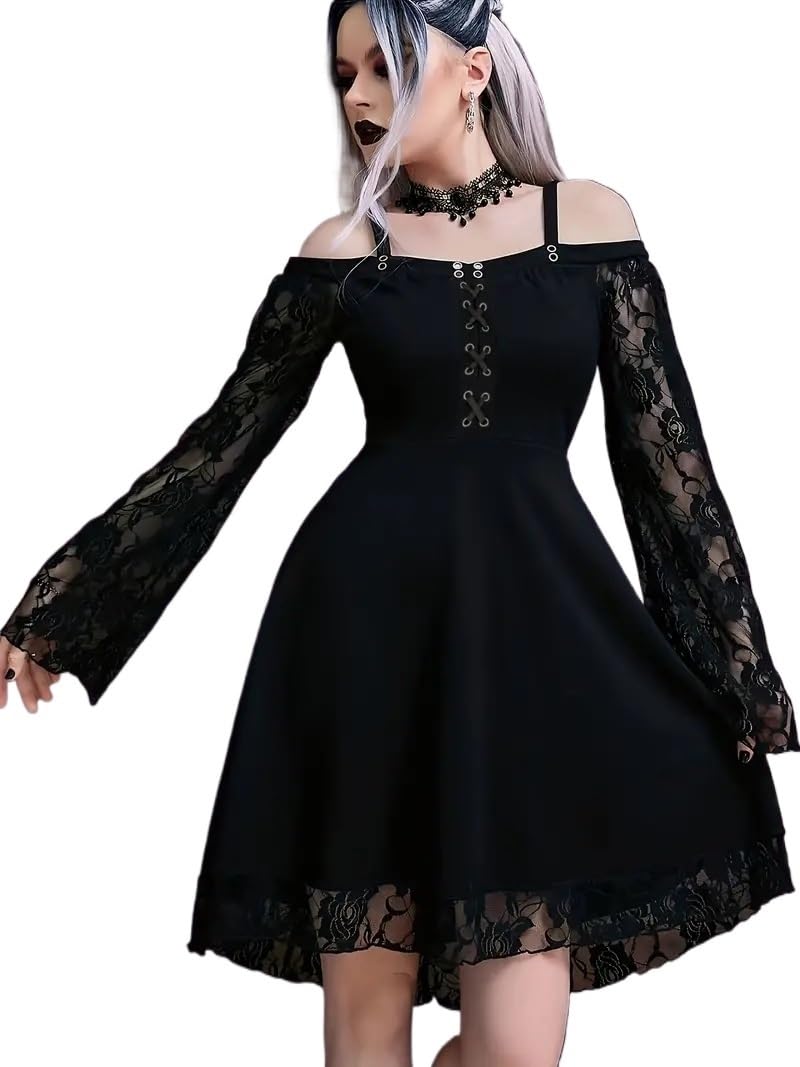 Goth Black Purple Blue Solid Contrast Lace Dress,Gothic Drawstring Pure Mini Dress,Women's Clothing Dresses (لون : Black, Size : XX-Large) XXL Black
