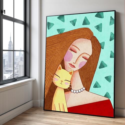 Tableau femme avec chat décoration murale nordique affiche 50x70