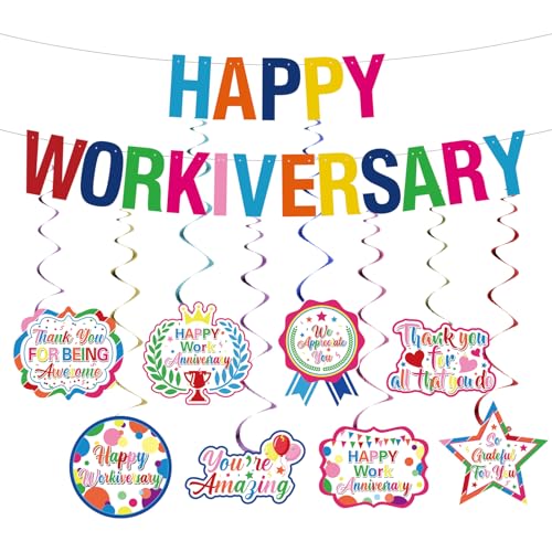 Work Anniversary Decorations Pre-Strung Iridescent Happy Workiversary Banner Work Office Party Decoration - 1PCS Anniversary Party Banner 8 PCS Colorful Hanging Swirls