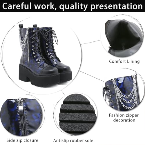 Women's Patent Leather Block Heel Platform Motorcycle Boots Fashion Chain Round Toe Lace Up & Zipper Anti-slip Goth Mid-Calf Boots Punk Y2k Short Boots3
