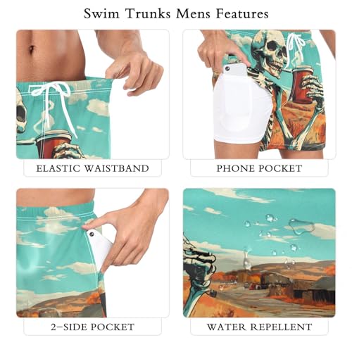 Mens Swim Trunks with Liner, Coffee Skeleton Funny Cool Quick Dry Beach Swim Shorts, Swimwear Bathing Suits S3
