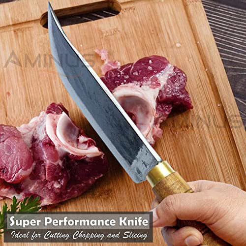 AMINUS Brand - Heavy Duty Premium Meat Cleaver High-Carbon Iron Steel Wooden Gripped Full Tang Handle Traditional Handmade Knife (8-inch Blade)