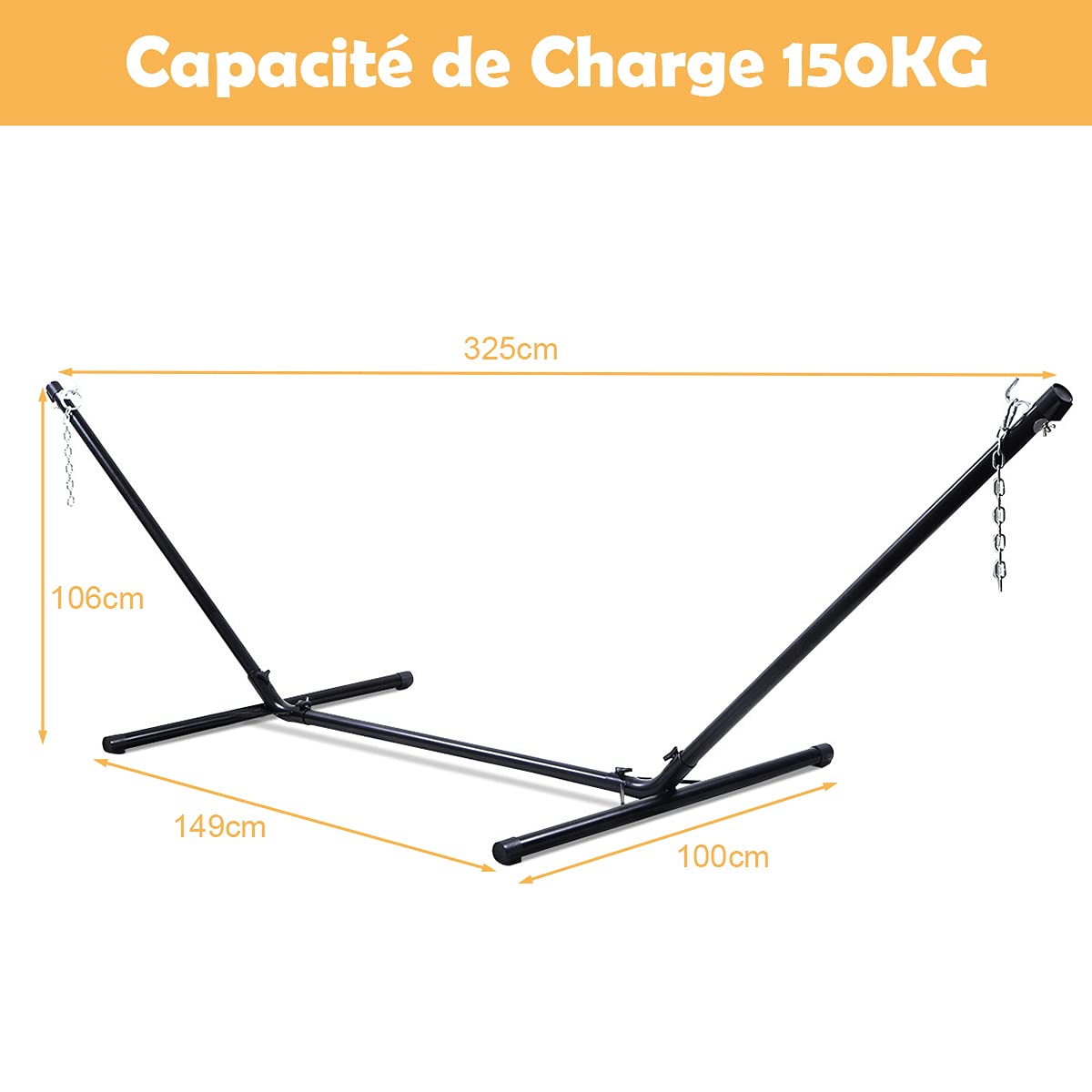 GOPLUS Support de Hamac Universel Patio Portatif Charge Maximale 150 KG Matière en Fer Robuste avec Chaîne de Suspension 325 x 100 x 106 CM Noir pour Jardin Camping Balcon