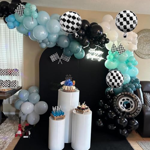 Image of Race Car Balloons Garland Arch Kit, Dusty Blue Balloons Green Black Balloon Pale Blue Metallic Silver Balloon Arch Kit with Checkered Foil Balloon for Car Fast Birthday Baby Shower Party Decorations