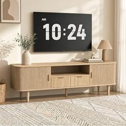 Cychuily Mid Century TV Stand for TVs Up to 70 Inch, Fluted Media Console with Tambour Sliding Door, Solid Wood Entertainment Center with Storage for Living Room Bedroom Office(Oak)