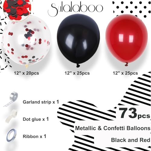 Image of Metallic Red and Black Balloons 12Inch 73PCS Black Red Confetti Latex Balloons Shiny Helium Balloon Set for Birthday Anniversary Graduation Party Decorations