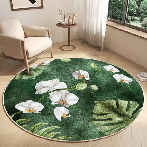 Tapis rond 120 cm en microfibre à feuilles vertes lavable en machine - 3