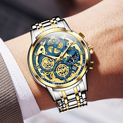 Image of OLEVS Skeleton Watch for Men Stainless Steel Chronograph Watch for Men Classic Waterproof Mens Watches with Date Luxury Business Men's Analog Wrist Watches, relojes para Hombres Blue /Black /Gold /White