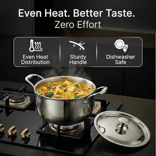 Image of AGARO Regency 20 cm Triply Stainless Steel Casserole with Lid, 3.2L, Induction & Gas Compatible, Even Heat, Non-Toxic, Dishwasher Safe cookware for Kitchen Perfect for biryani, pulao & Curry.