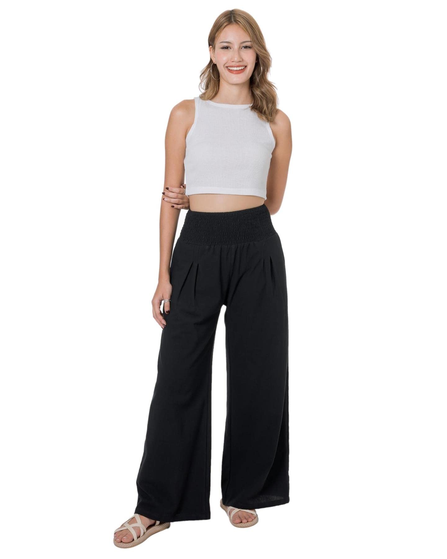Lofbaz Femme Pantalon Large Été en Coton et Lin Fluide Palazzo Plage Taille Haute Bohème Long Pantalon de Salon avec Poches