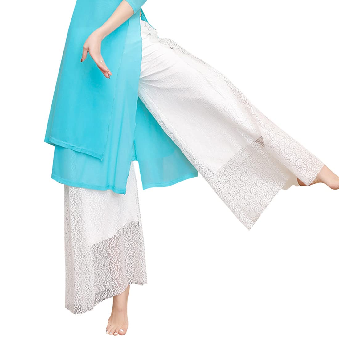 Women's Classical Dance Costume Sheer Flowy Hanfu Top Side Split Wide Leg Pants Chinese Folk Dance Wear
