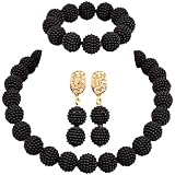 aczuv Nigerian Wedding African Beads Jewelry Set Women Simulated Pearl Necklace and Earrings (Black)