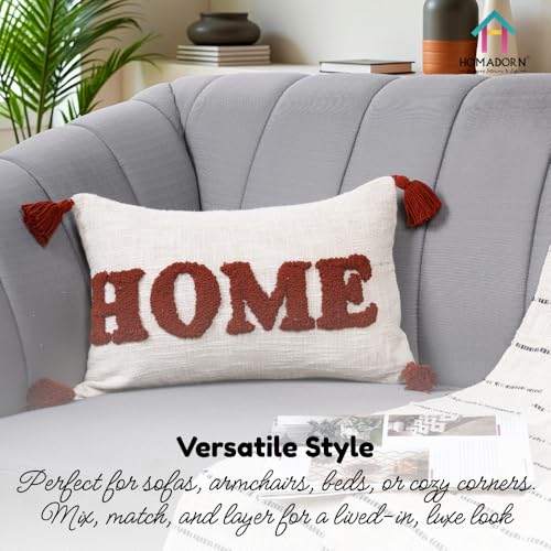 Image of HOMADORN 100% Cotton Text Pattern Handtufted /Embroided Decorative Cushion Cover (12X20 Inches) (1, Home Rust)