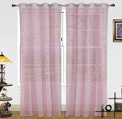 Image of Dekor World Pink Cotton Net Curtain Set (Pack of 2)-110x275cm (4x9Feet) Long Door Curtain