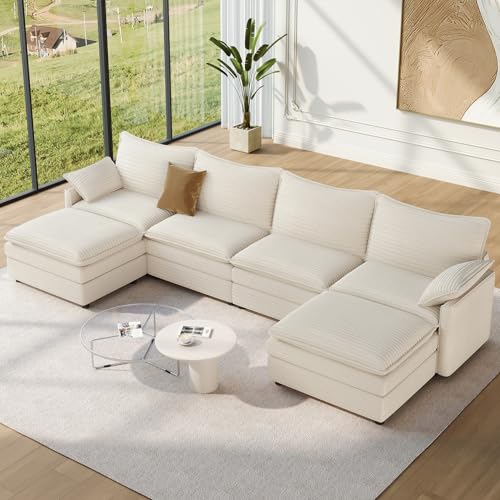 Image of Vesgantti 142 inch U Shaped Sectional Couch, Comfy Cloud Modular Sectional Sofa with 2 Ottoman Deep Seat Corduroy Modern Cloud Sofa, Modular Sofas for Living Room, Bedroom and Apartment, Beige
