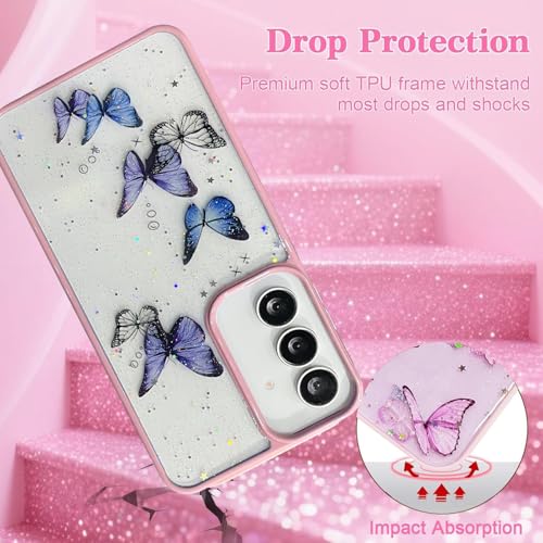 Image of VONZEE for Samsung Galaxy S24 FE Clear Glitter Butterfly Case, Cute Bling Sparkle Shiny Soft Silicone TPU Bumper Shockproof Women Girls Slim Protective Phone Cover for Galaxy S24 FE, Pink